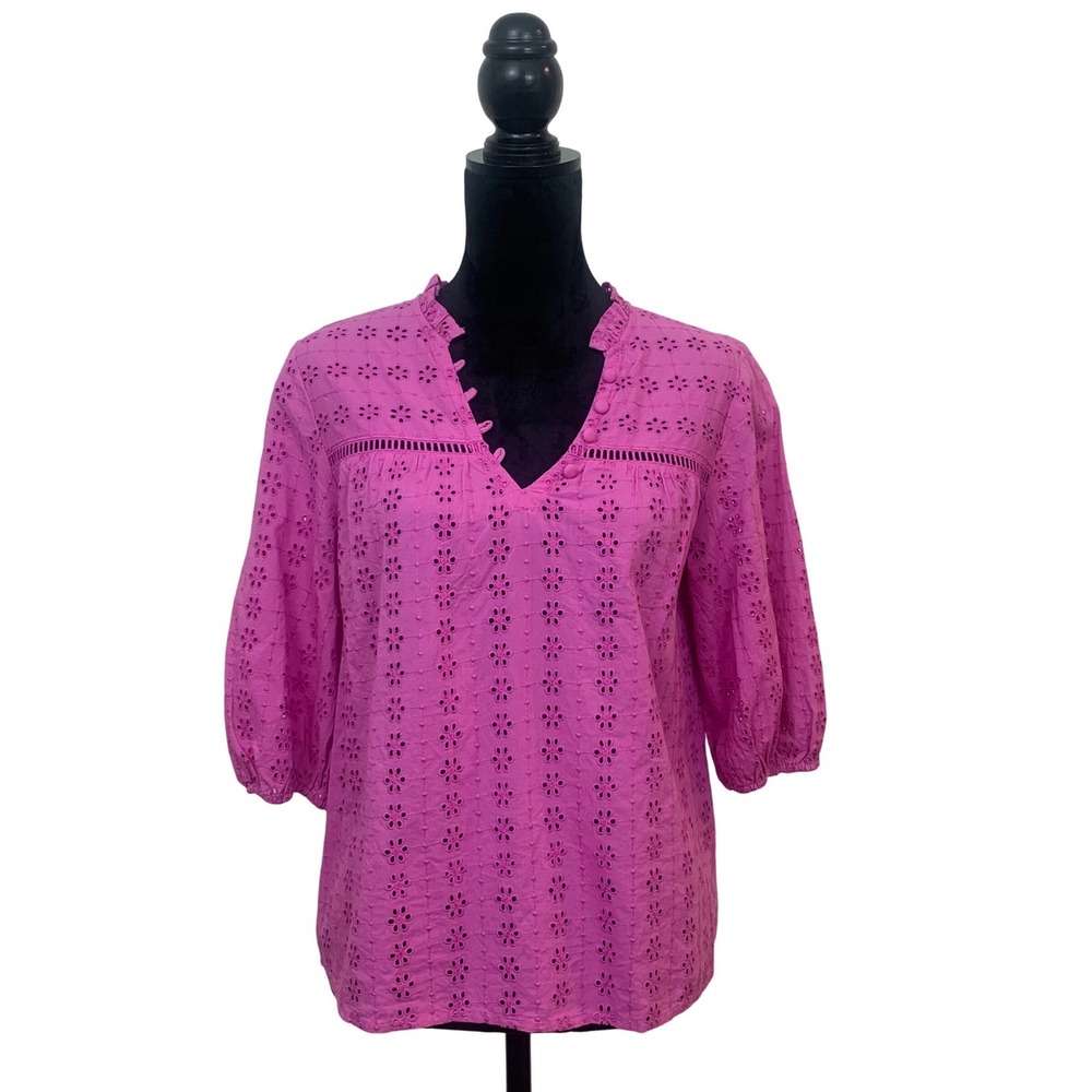 Caslon‎ Women's XS Pink Eyelet Embroidered V-Neck Balloon Sleeve Cotton Blouse